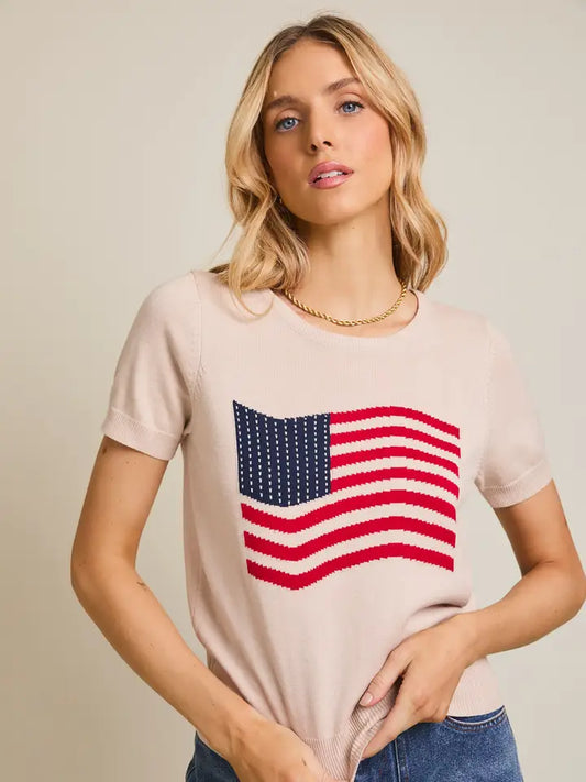Round Neck Short Sleeve "USA Flag" Graphic Sweater Top