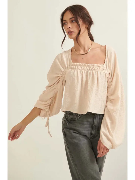Woven Square Neck Drawstring Sleeve Peasant Blouse