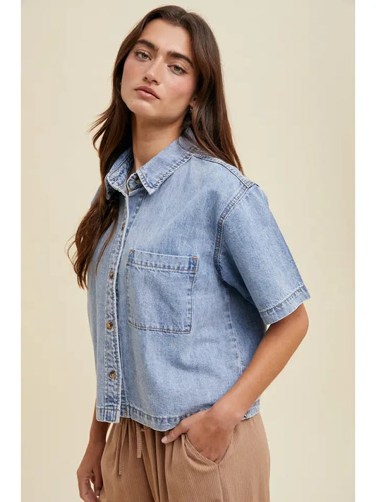 Denim Button-Up Shirt with Pocket