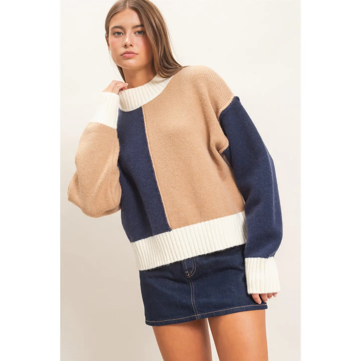 Color Block Mock Neck Sweater