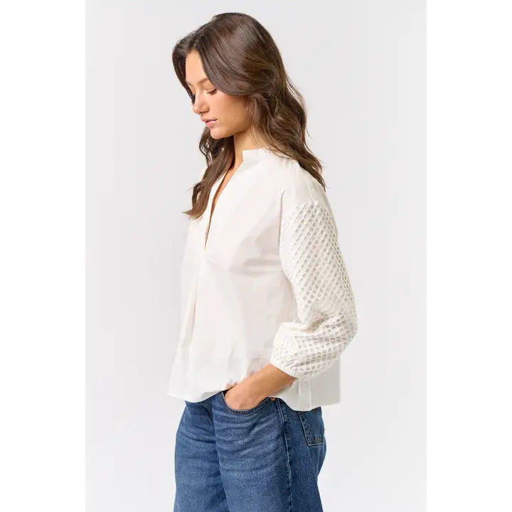 V Notch Neck 3/4 Mesh Knit Sleeve Top