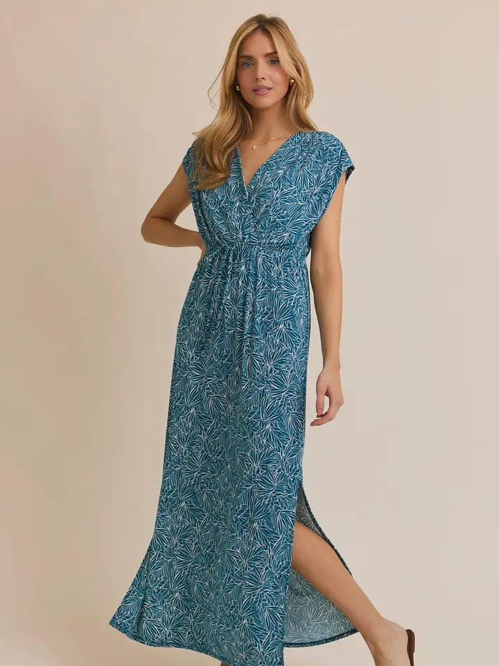 V-Neck Short Sleeve Waist Tie Tropical Print Dress