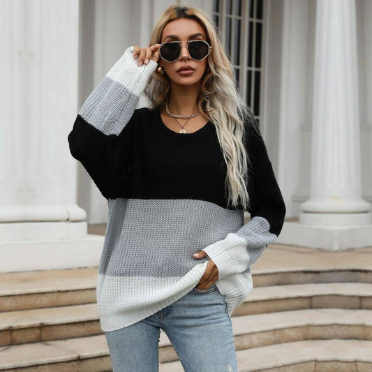 Black Multi Color Block Round Neck Long Sleeve Knit Sweater