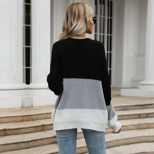 Black Multi Color Block Round Neck Long Sleeve Knit Sweater