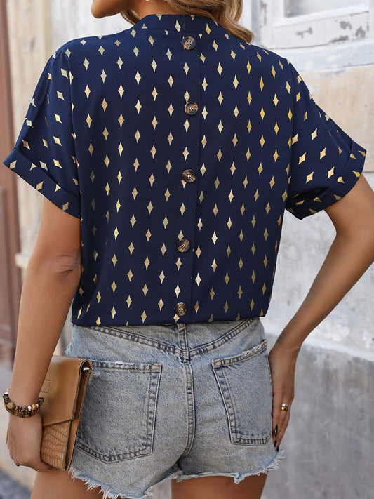 Pre-Order Printed Notched Short Sleeve Blouse