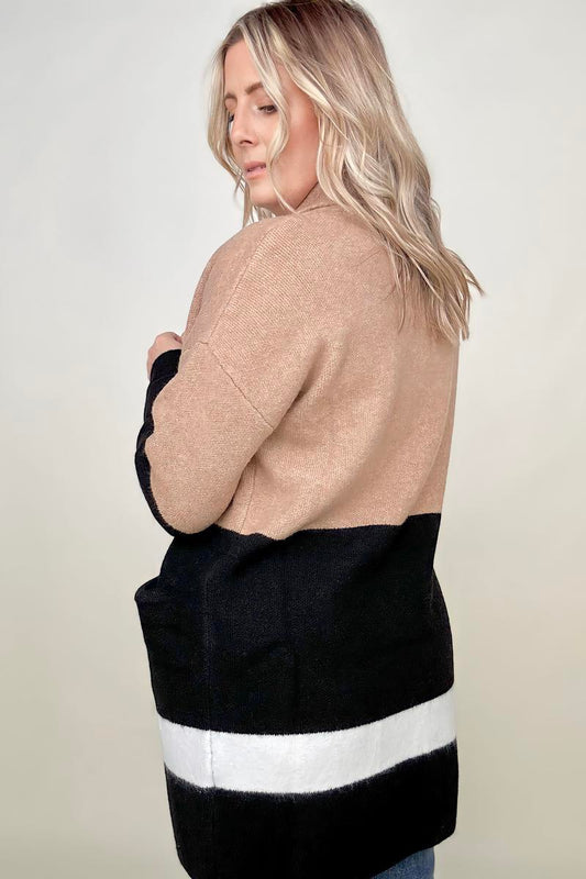 Latte Colorblock Cardigan With Patch Pockets