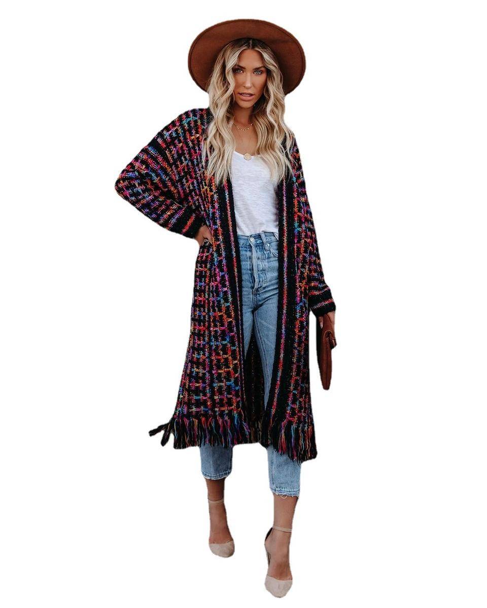 Multicolor Plaid Open Front Long Sleeve Fringed Maxi Cardigan