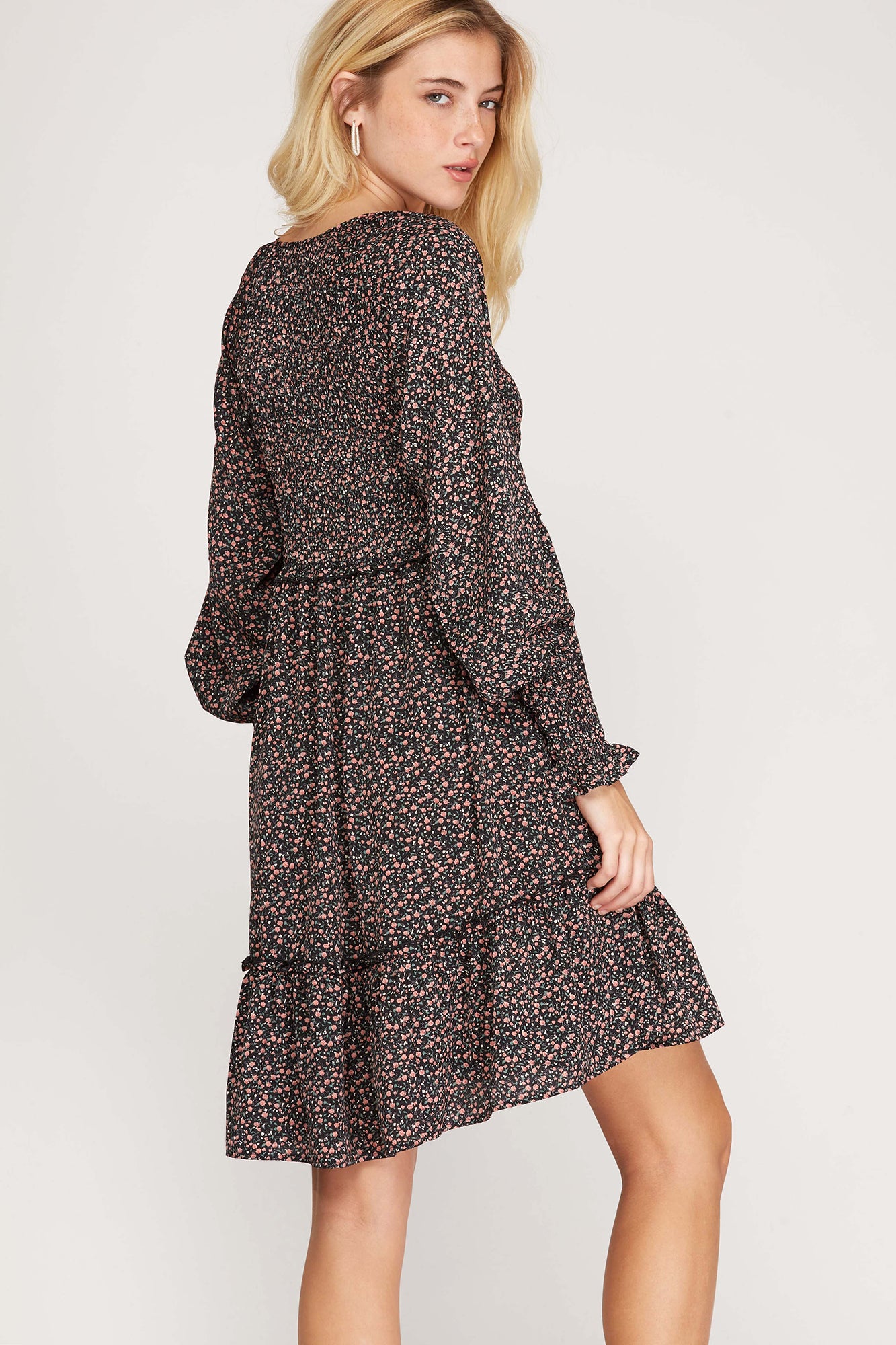 Long Sleeve Print Dress With Smocking!