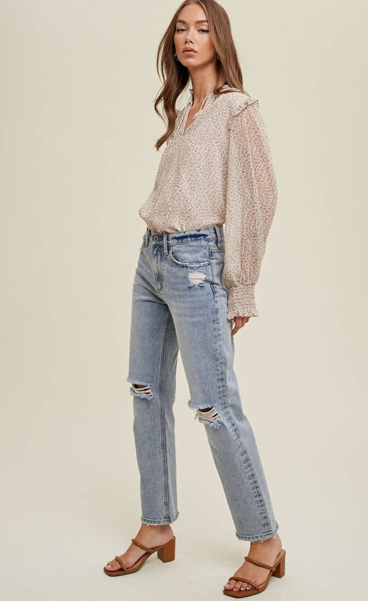 Abstract Print Blouse with Ruffle Detail
