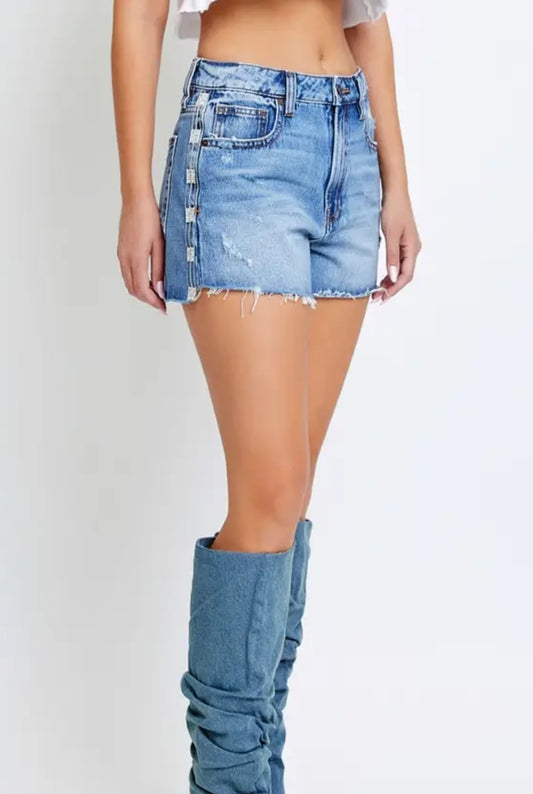 Medium Wash Rhinestone 3" Inseam High Rise Shorts