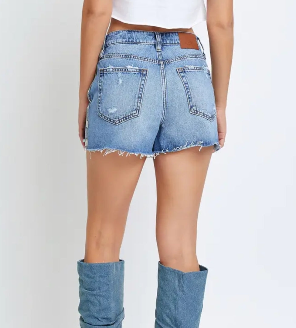 Medium Wash Rhinestone 3" Inseam High Rise Shorts