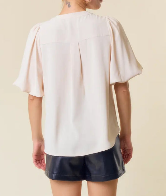 Bubble Short Sleeve Pintuck Button Down Blouse