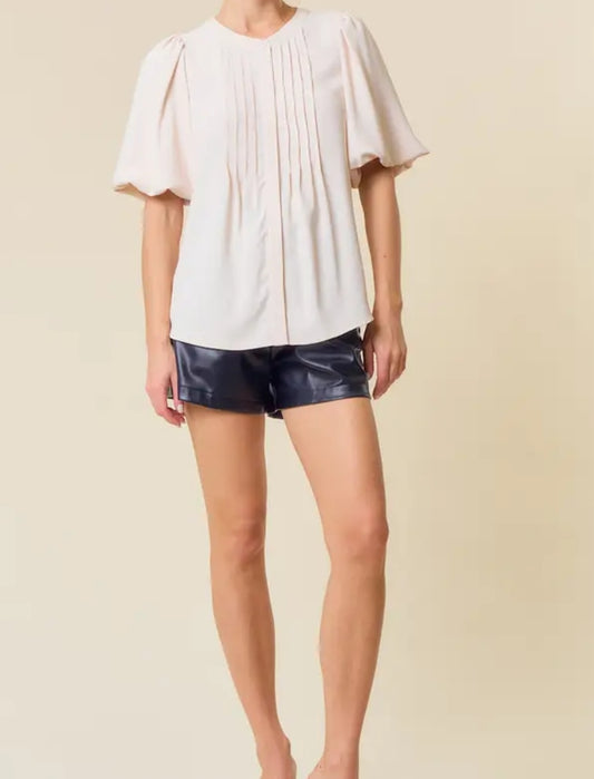 Bubble Short Sleeve Pintuck Button Down Blouse