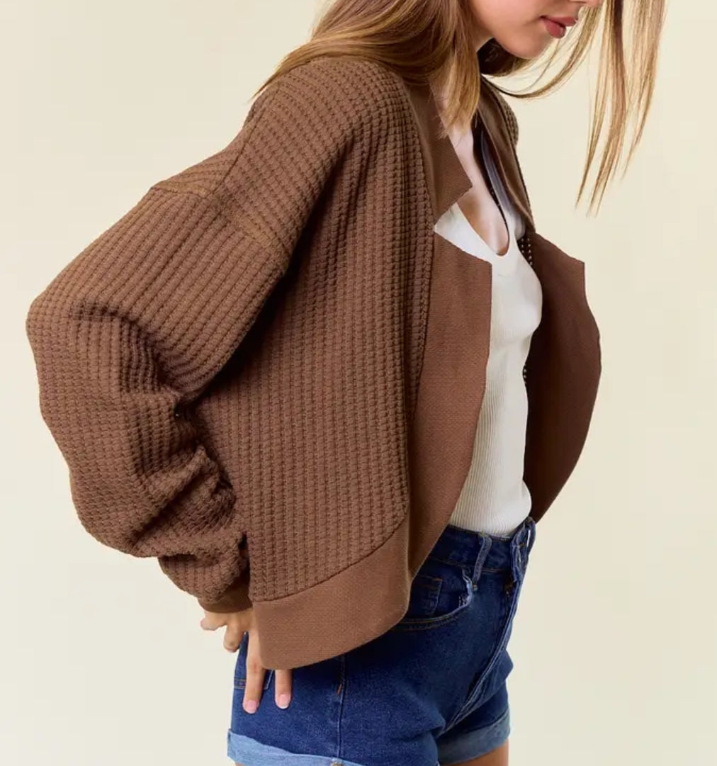 Cotton Waffle Knit Puff Sleeve Open Cardigan