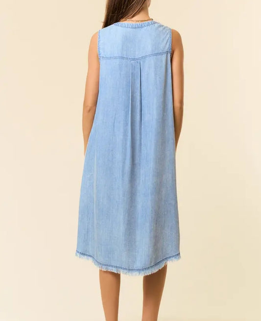 Tencel Denim Knee Length Sleeveless Henley Dress