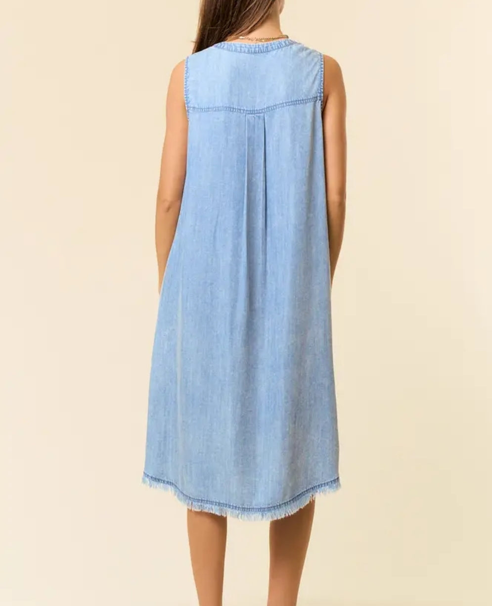 Tencel Denim Knee Length Sleeveless Henley Dress