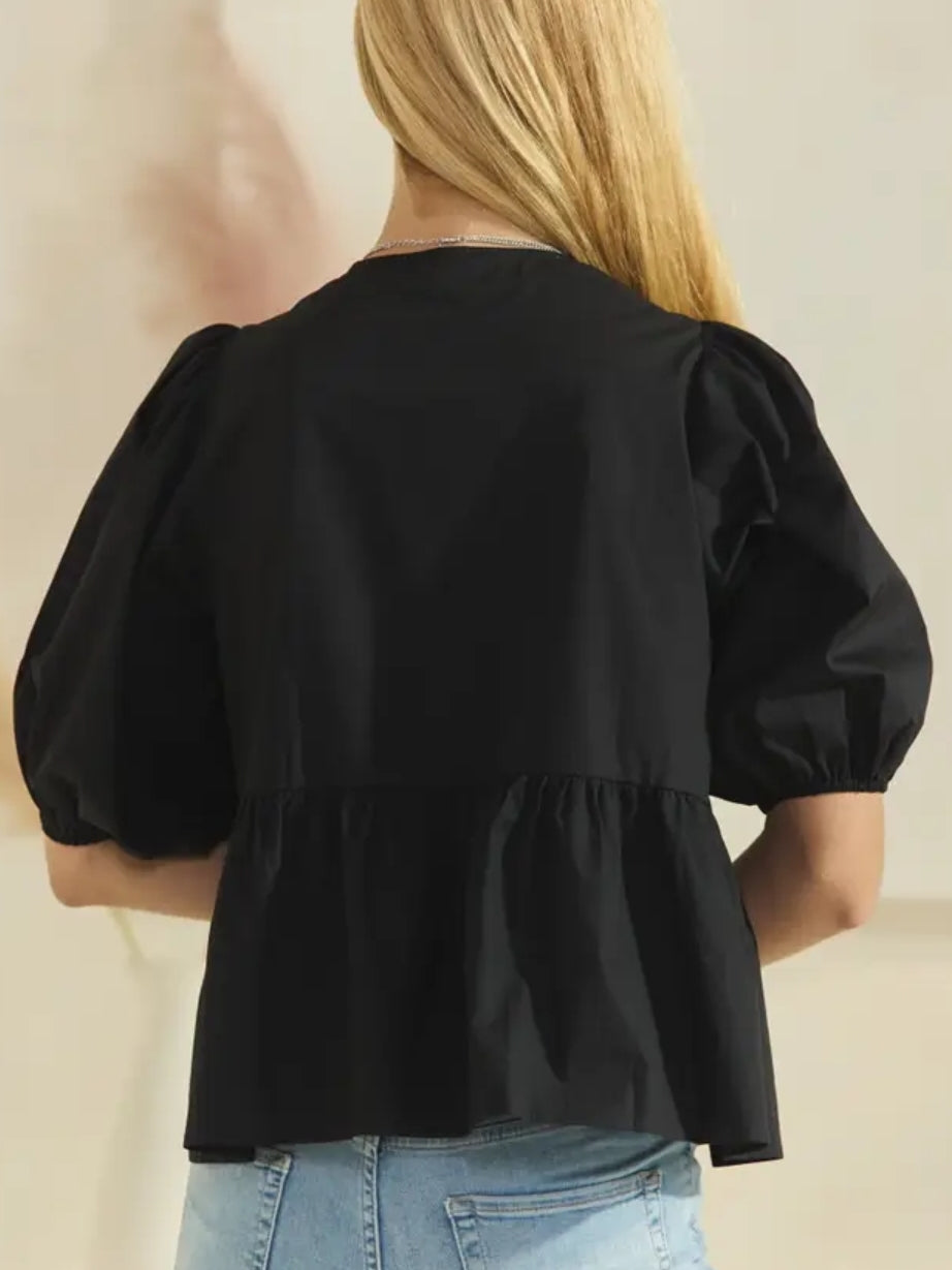 Solid Cotton Poplin Front Tie Ribbon Blouse