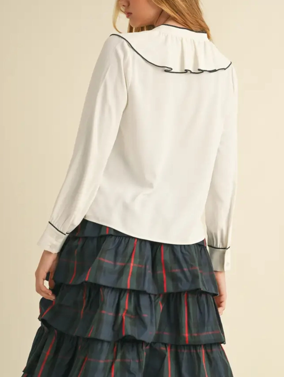 Contrast Piping Ruffled Blouse