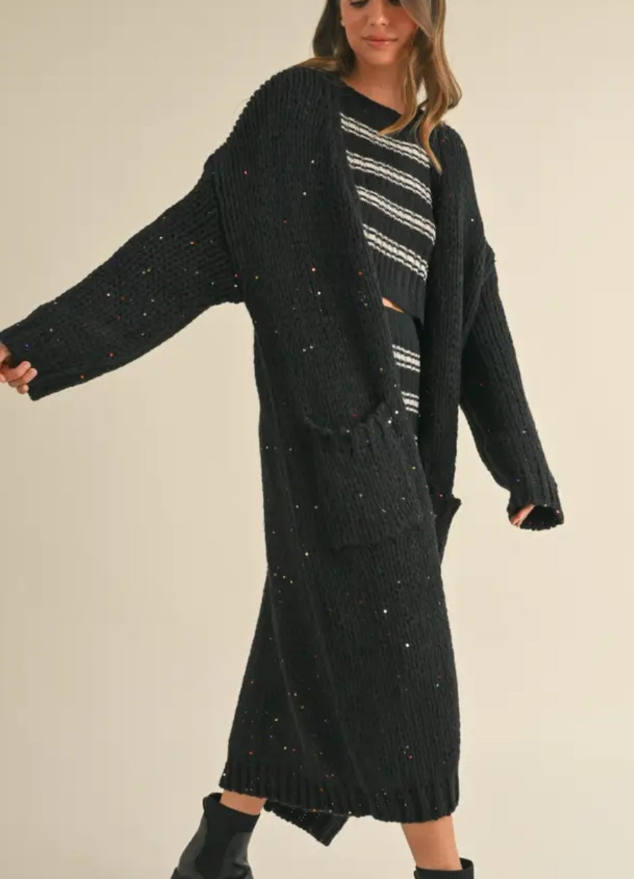 Multi Color Sequins Long Chunky Knit Cardigan