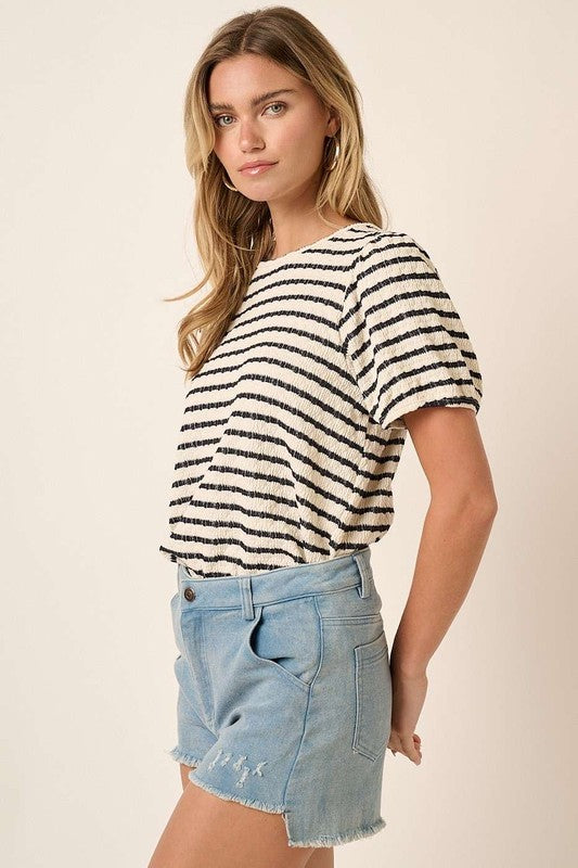 Striped Short Sleeve Puff Blouse