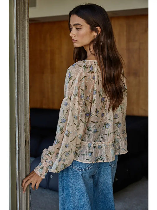 Woven Polyester Floral Print Sheer Top