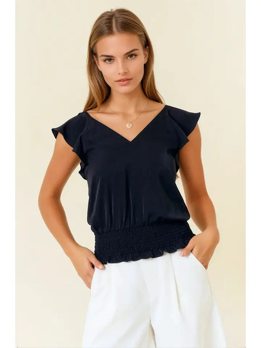 V-Neck Ruffle Top with Smocking Band