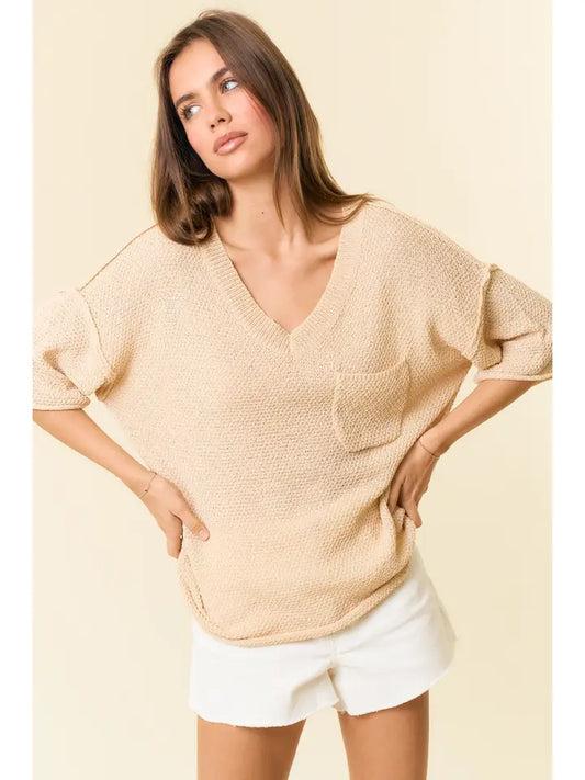 V-Neck Dropped Short Sleeve Exposed Seam Sweater