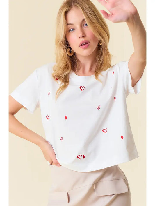 Round Neck Short Sleeve Heart Embroidered Top
