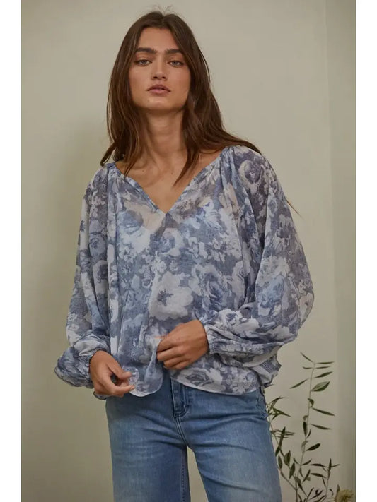 Woven Polyester Floral Print V-Neck Raglan Top