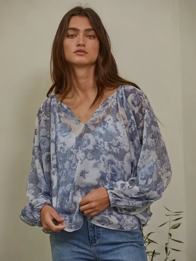 Woven Polyester Floral Print V-Neck Raglan Top