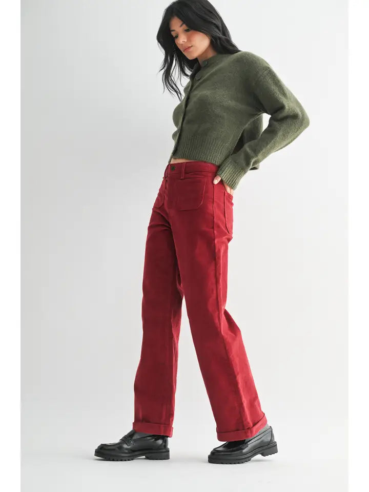 Dk Red - Corduroy Patch Pocket Wide Leg