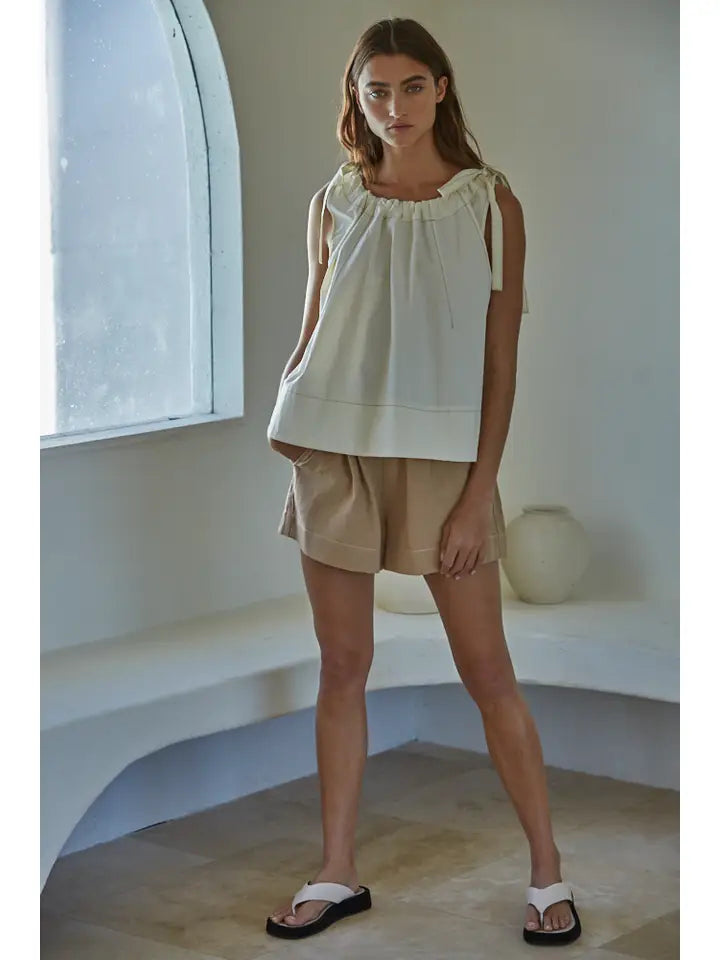 Woven Cotton Round Neck Tie Strap Sleeveless Top