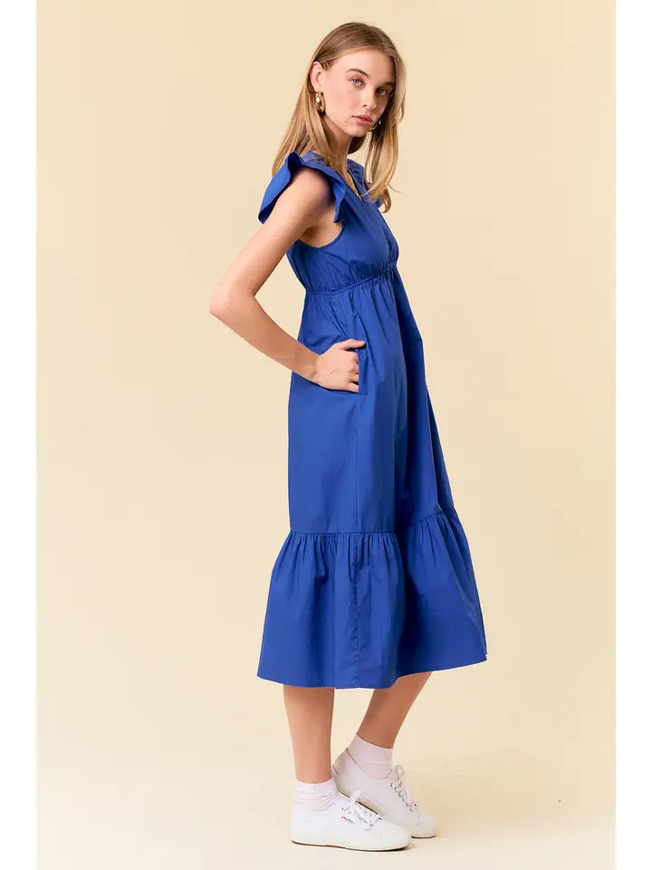 Cotton Poplin Flutter Sleeve Midi Dress