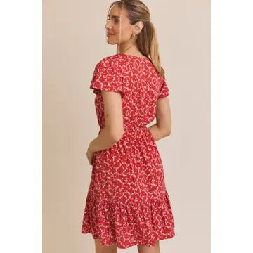 Button Down Elastic Tie Ditsy Dress