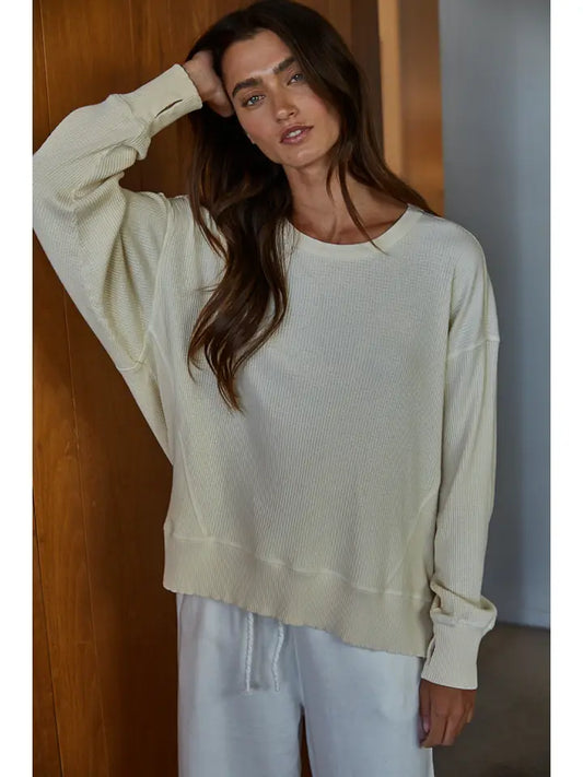 Knit Drop Shoulder Long Sleeve Top with Side Slits