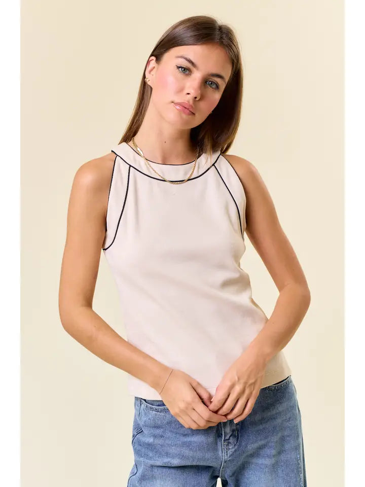 Cotton Rib Crew Neck Contrast Piping Tank