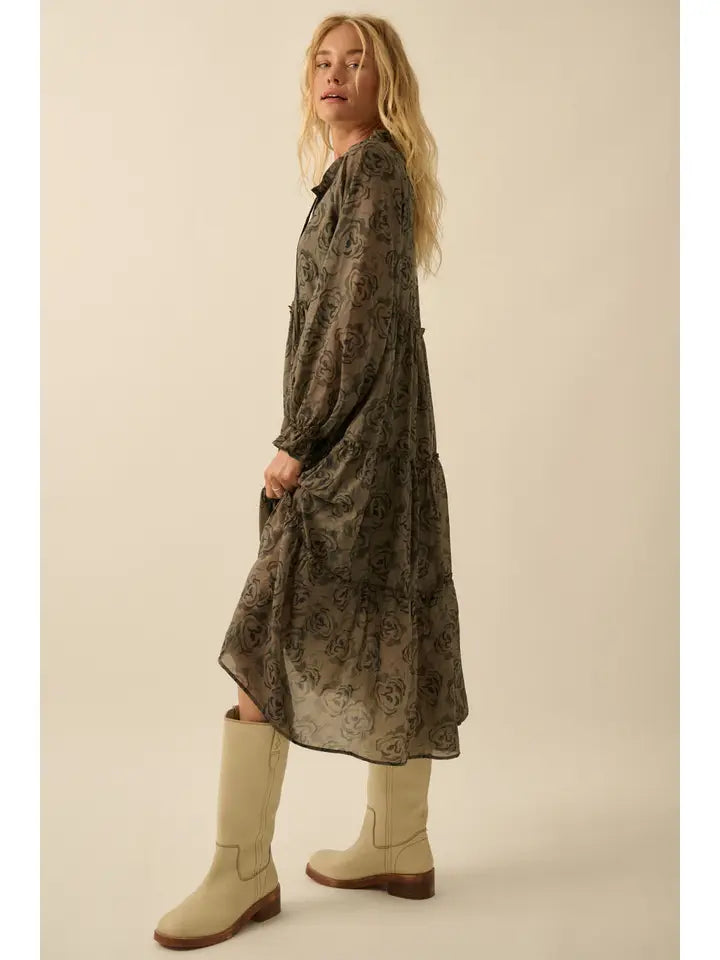Floral Tiered Ruffle Bubble-Sleeve Midi Dress