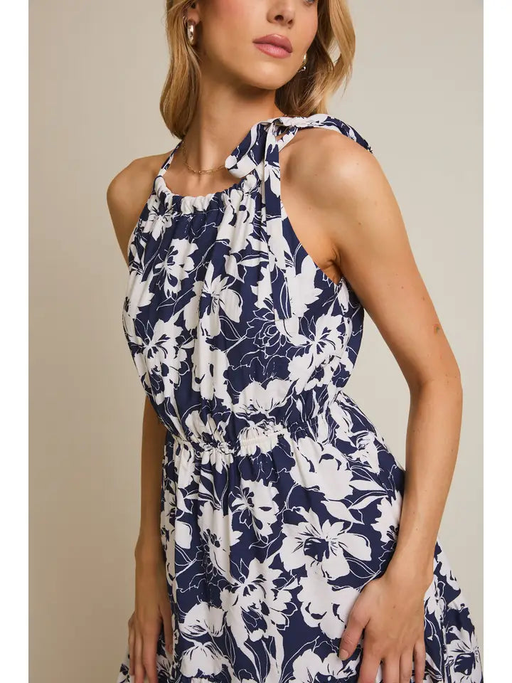Halter Neck Side Strap Tie Floral Dress