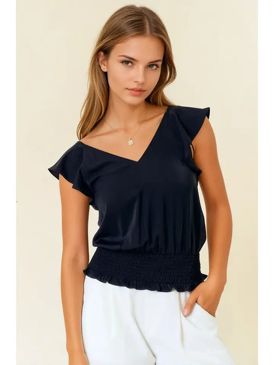 V-Neck Ruffle Top with Smocking Band