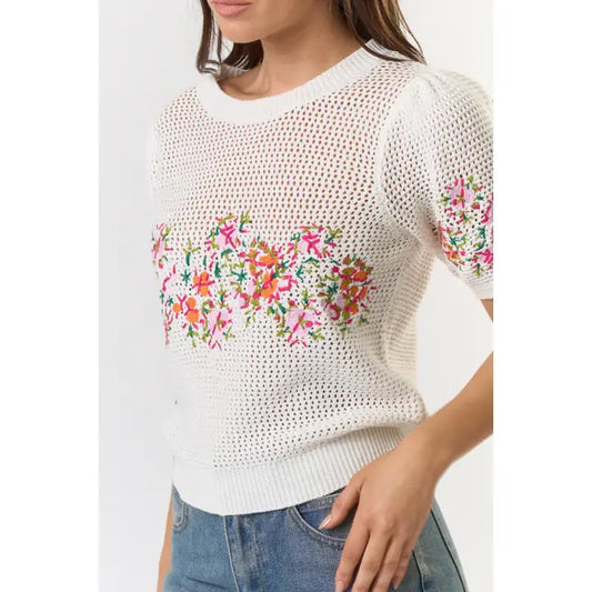 Short Puff Sleeve Embroidered Floral Crochet Top
