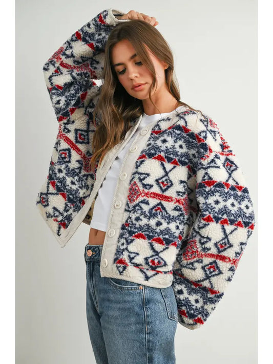 Buttoned Graphic Fleece Long Sleeve Jacket