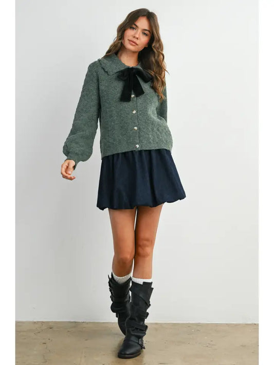 Button-Up Bow Front Collared Long Sleeve Top