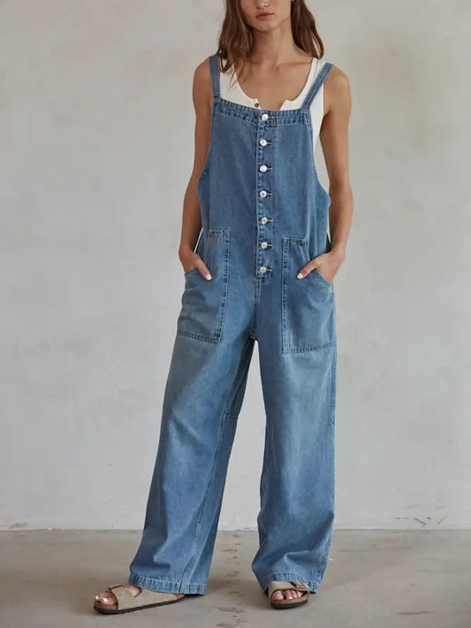 Denim Square Neck Button-Down Wide Leg Overalls