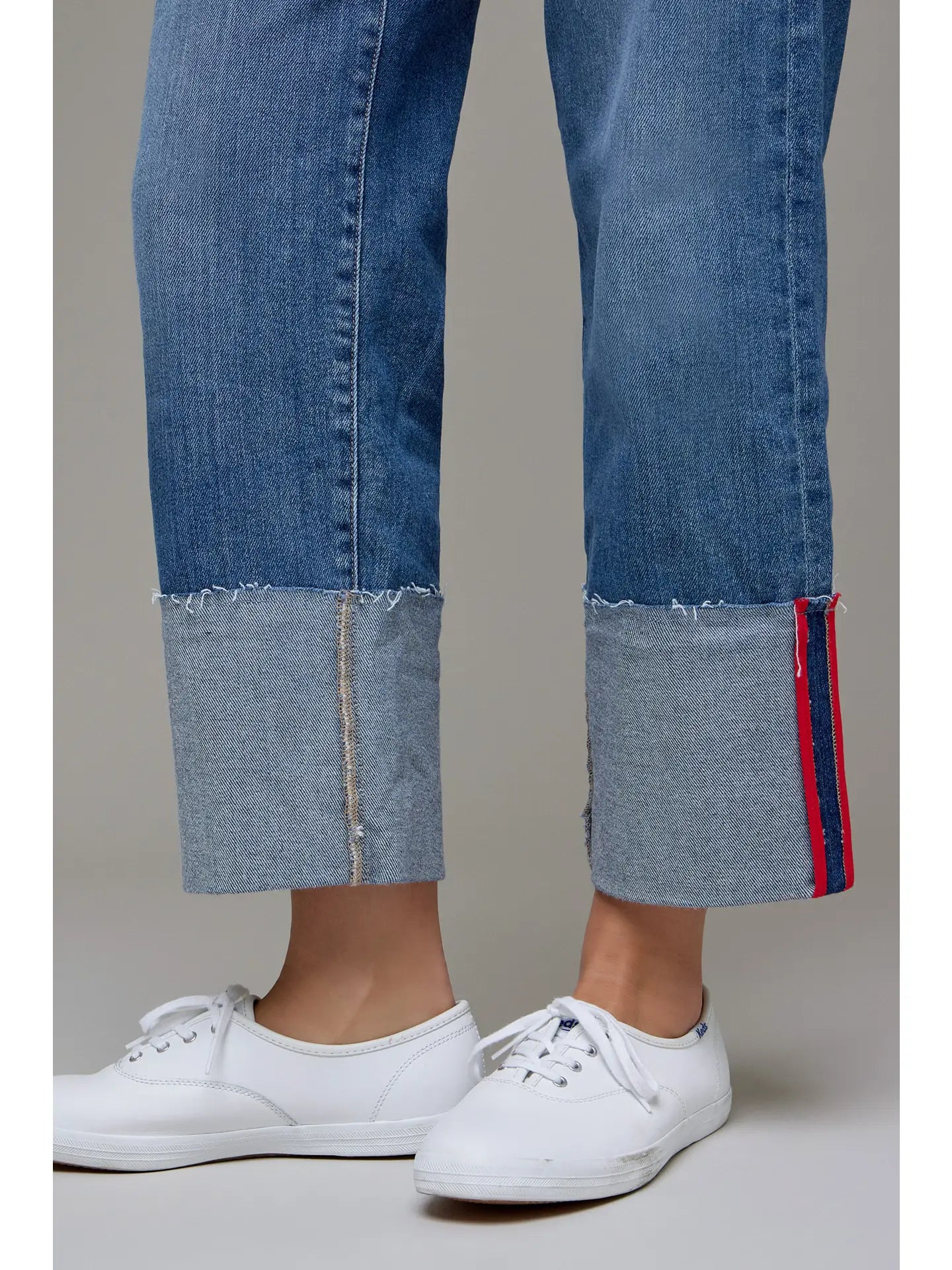 Medium Wash High Rise Cuffed Red Tape Cropped Classic Straig