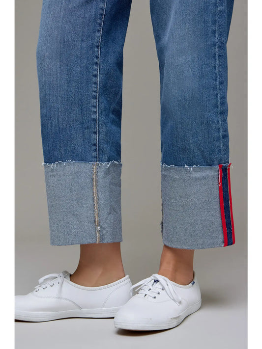 Medium Wash High Rise Cuffed Red Tape Cropped Classic Straig