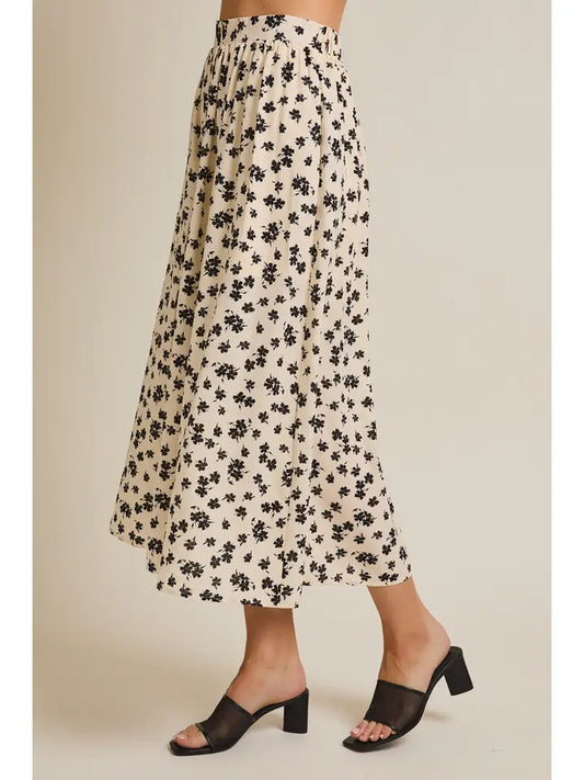 Button Down Flare Hem Floral Midi Skirt