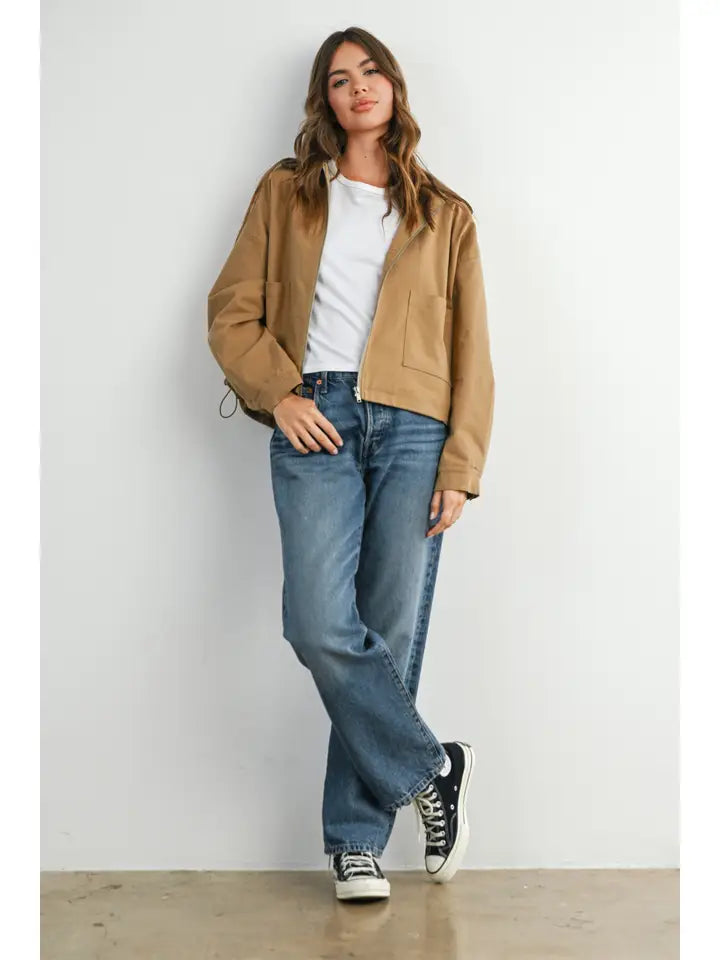 Collared Zip-Up Drawstring Jacket