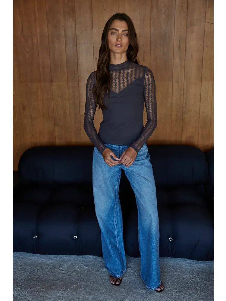 Ribbed Sheer Lace Mock Neck Long Sleeve