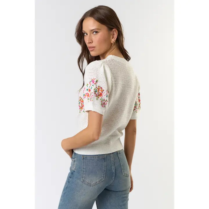 Short Puff Sleeve Embroidered Floral Crochet Top