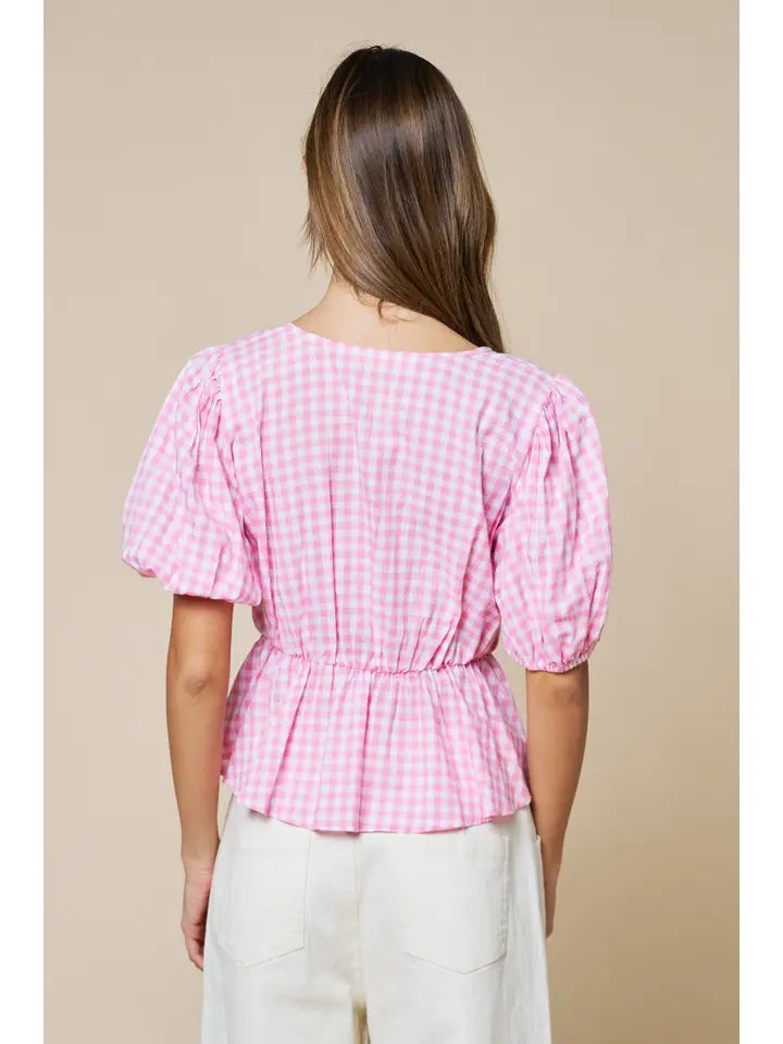 Gingham Front Tie Short Puff Sleeve Peplum Blouse